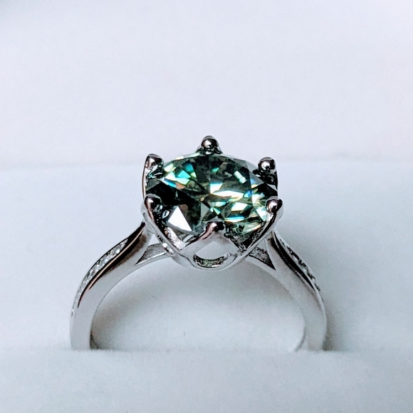 3CT Stunning Authentic Blue Green Moissanite Diamond Alternative Ring, Cathedral - Picture 4 of 13